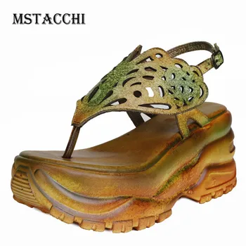 

MStacchi Ladies Hollow Out Totem Colour Mixture Platform Sandals Summer Do Old Pleated Wedges Lady Unique Totem Split Toe Shoes
