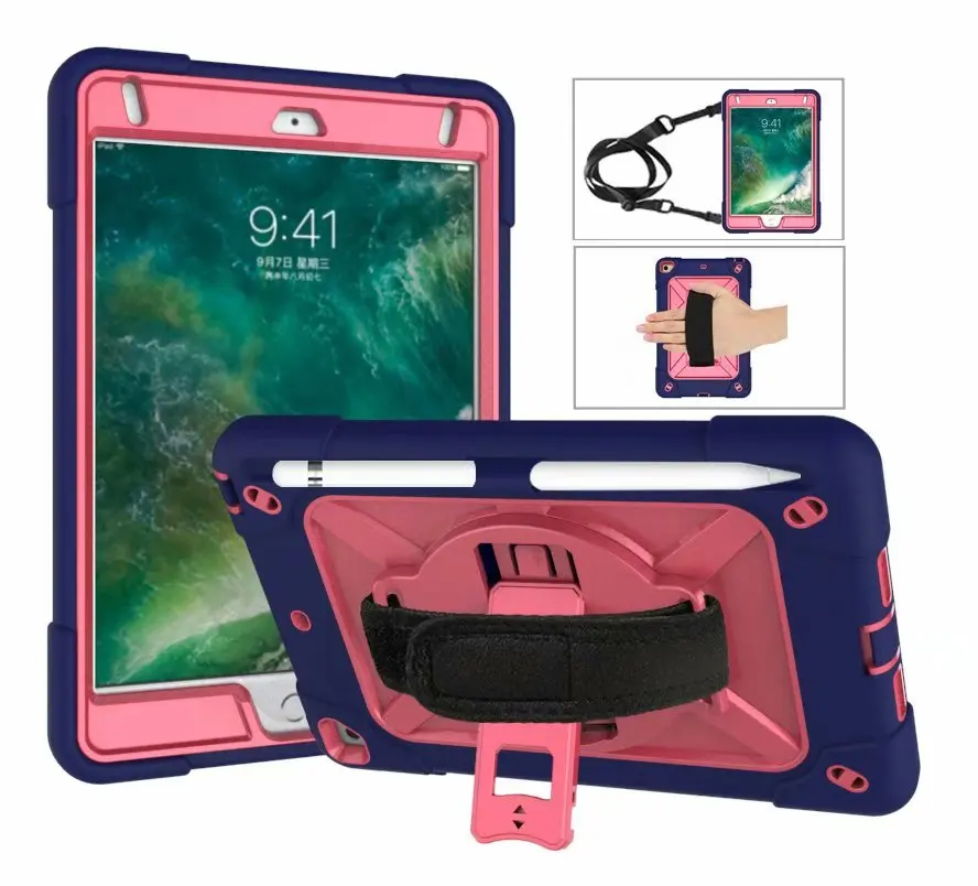 Армированный чехол из силикона+ PC подставка чехол для планшета для iPad Mini 4 Mini 5 7,9 дюймов Универсальный жесткий чехол с запястье+ плечевой ремень Стенд кожаный чехол+ подставка для ручек