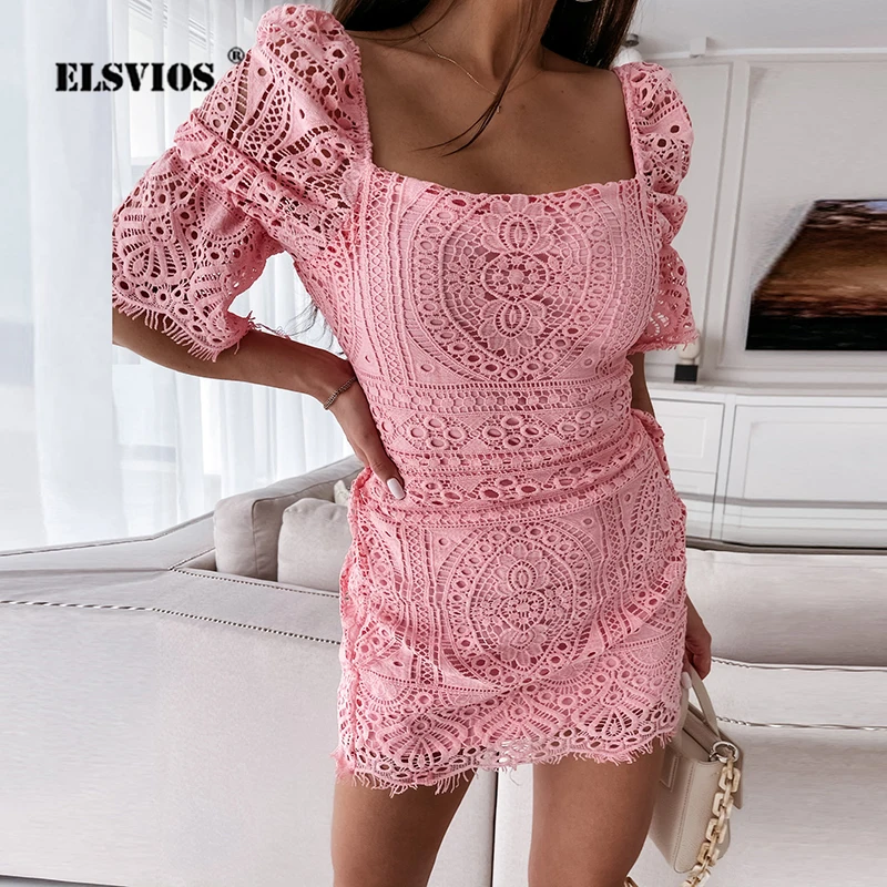 

Платье женское кружевное с коротким рукавом, пикантное ажурное мини-платье с квадратным вырезом и принтом, элегантное облегающее вечернее
