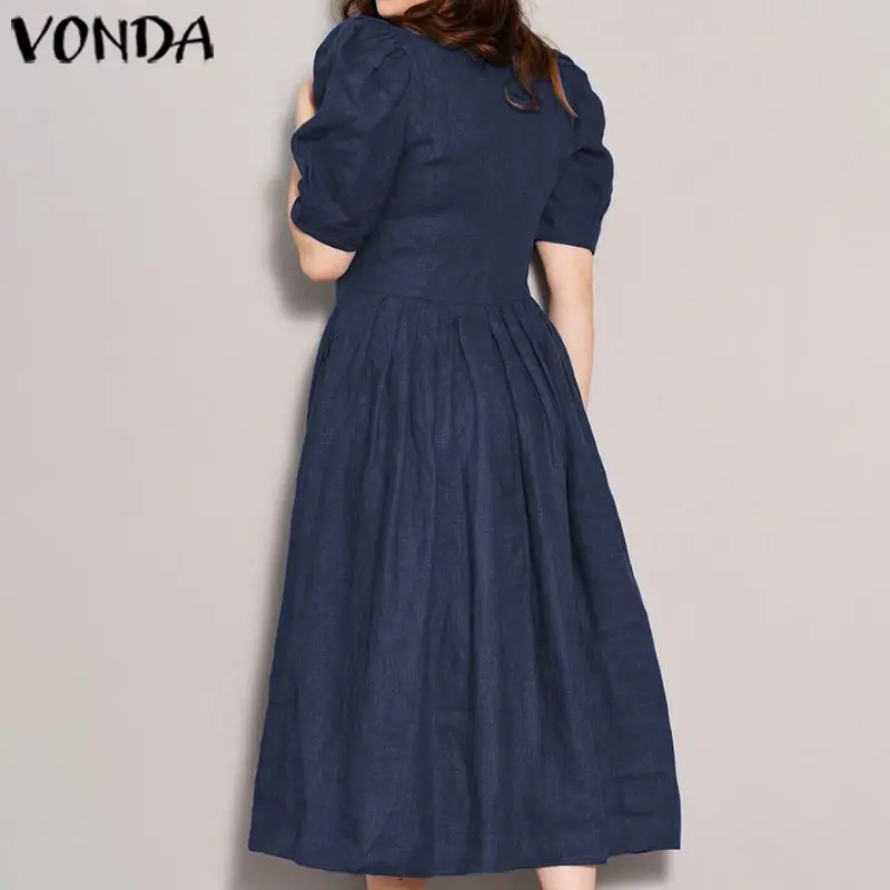 

VONDA Women Sundress Half Sleeve V Neck Denim Long Dresses 2020 Summer Casual Loose Shirt Dress Female Office Vestidos Plus Size