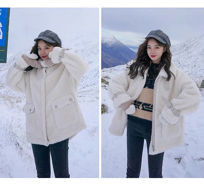 Фото фотосессия основной толчок шикарная овечья шерсть Off-white средней длины красивый стоячий воротник молния лучший друг плюшевая мотоциклетная куртка Wome