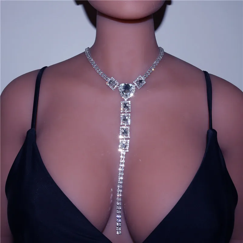 

White Big Heart Crystal Stone Choker Necklace Jewelry for Women Sexy Rhinestone Body Chain Necklaces Silver Plated Dress Up