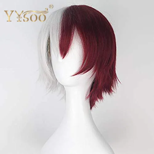 YYsoo, парик для косплея My Hero Academy Todoroki Shoto, короткий, полусеребристый, белый, красный, смешанные волосы, синтетический парик, швейная машина, аниме, парик