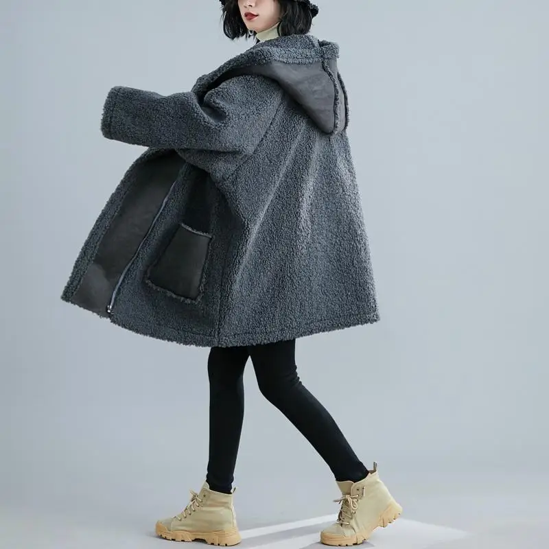 Зимнее длинное пальто из искусственного меха размера плюс, женское серое меховое пальто с капюшоном и плюшевым мишкой, женское повседневное пушистое теплое пальто, Manteau Femme