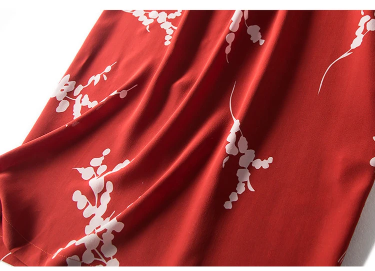 Women Belted Dress 100%Real Silk Crepe Red Printed Dresses Stand Collar New Dresses for Women