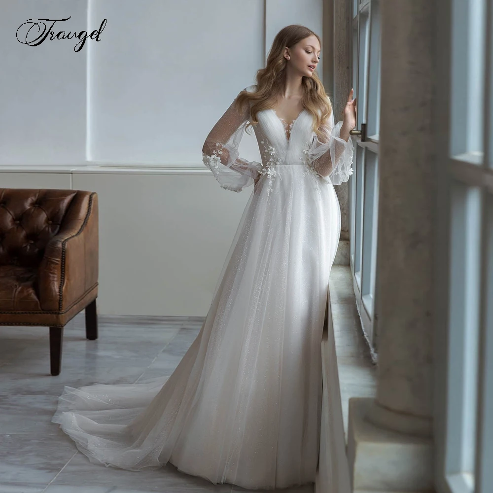 

Traugel A-Line Beach Shiny Wedding Dresses V-Neck Long Puff Sleeve Backless Bride Dress Beaded Lace Appliques Bridal Gowns