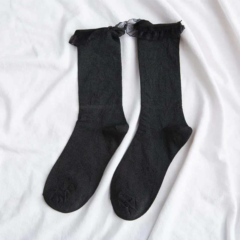 10Pairs Japanese autumn women's socks Ms lace solid color bright silk in tube socks preppy fashion silver onions socks woman - Цвет: 1