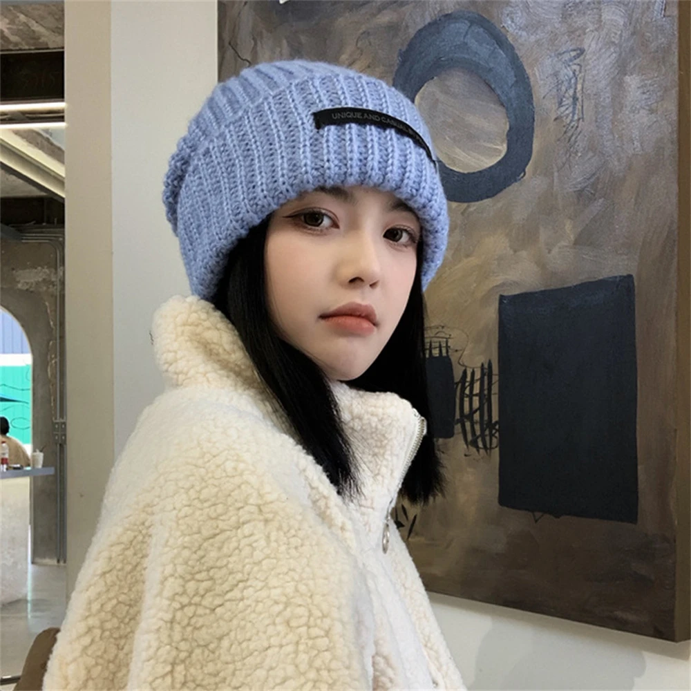 Loose Big Head Knit Hat Unisex Mohair Wool Patch Wild Face Small Warm Cold Dome High Elasticity Clothing Collocation |