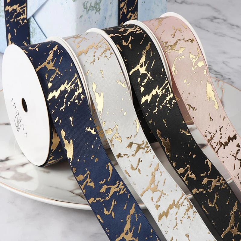 Satin Ribbons Ribbon Supplies Wrapping Ribbon Satin Ribbon 25mm Gift Ribbon Satin Marble/Crack Gold Foil Printed Gift Wrapping Home Decor Handmade Hair Bow Material DIY Craft Ribbon