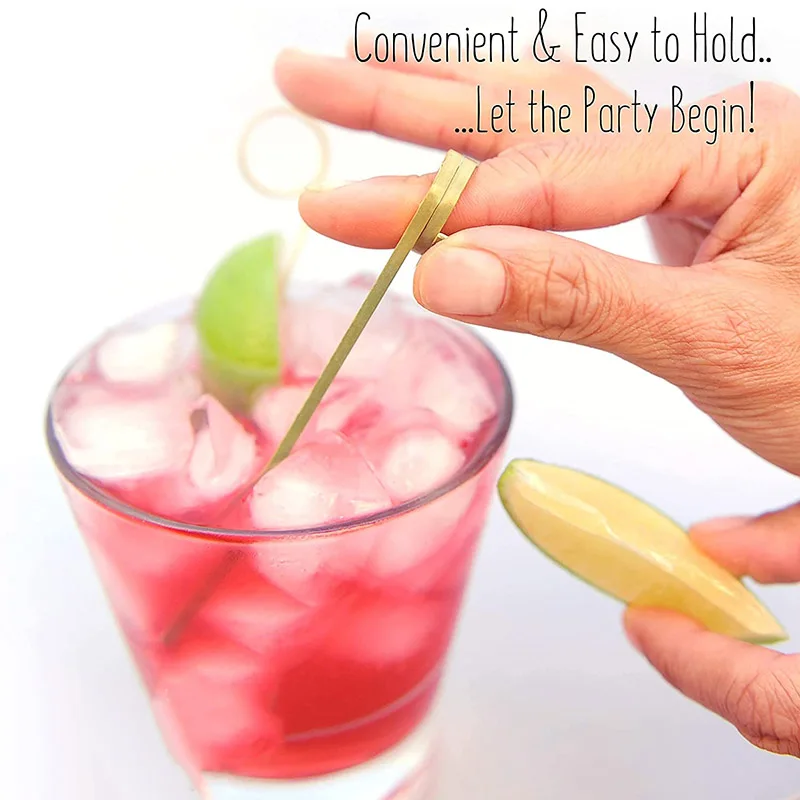 100pcs Cocktail Skewers Bamboo Sticks with Loop Ring Food Picks and Wood Cocktail Skewers Bamboo Martini Picks