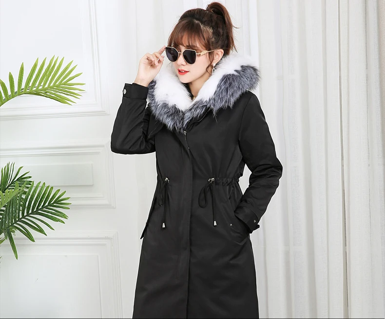 Fur Parkas Highstreet Real Fox Fur Collar Plocket Hooded Rabbit Fur Lining Long Coat Women Winter Casual Solid Warm Outwear