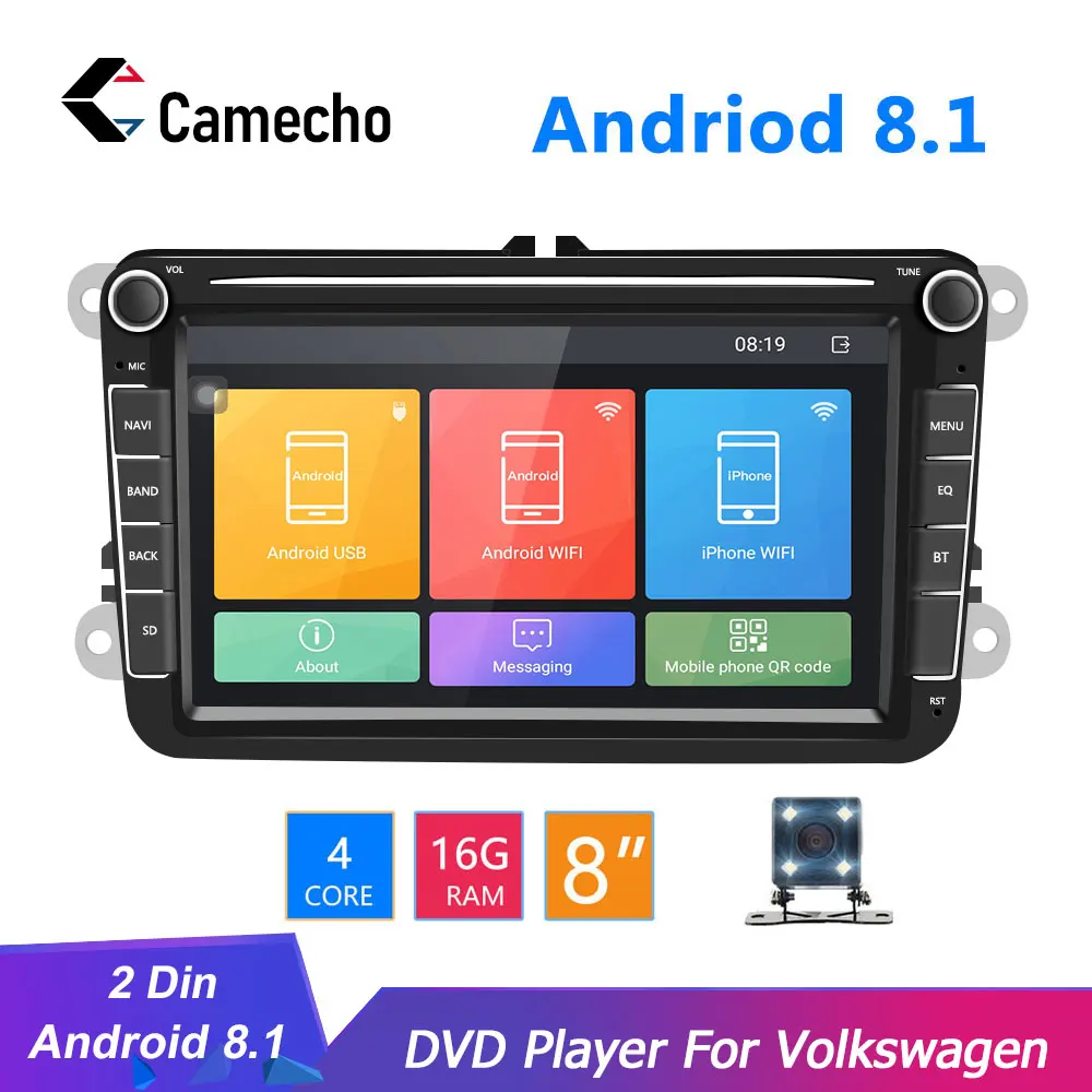 Camecho Andorid 8,1 2 Din Авто аудио gps WiFi DVD радио мультимедиа MP5 плеер для Volkswagen Seat/Skoda/Passat/Golf/Polo