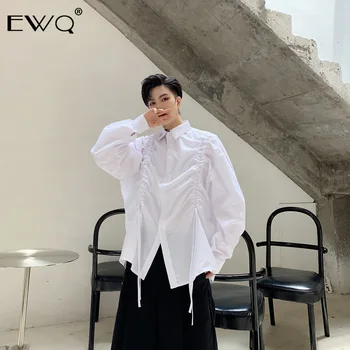 

EWQ / 2020 Spring Fashion New Male Shirt Fold Wrinkle Personality Ovesize Tops Loose Long Sleeve Black White Shirt 19H-a36