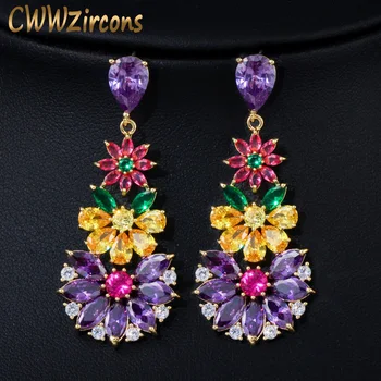 

CWWZircons Unique Multicolored Cubic Zirconia Cluster Flower Dangle Drop Earrings for Women Wedding Party Dress Jewelry CZ430