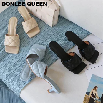 

2020 Square Toe Slippers Women Peep Toe Med Heel 4cm Slides Summer Shoe Women Embroidery Mule Massage Outsole Slipper Size 35-41