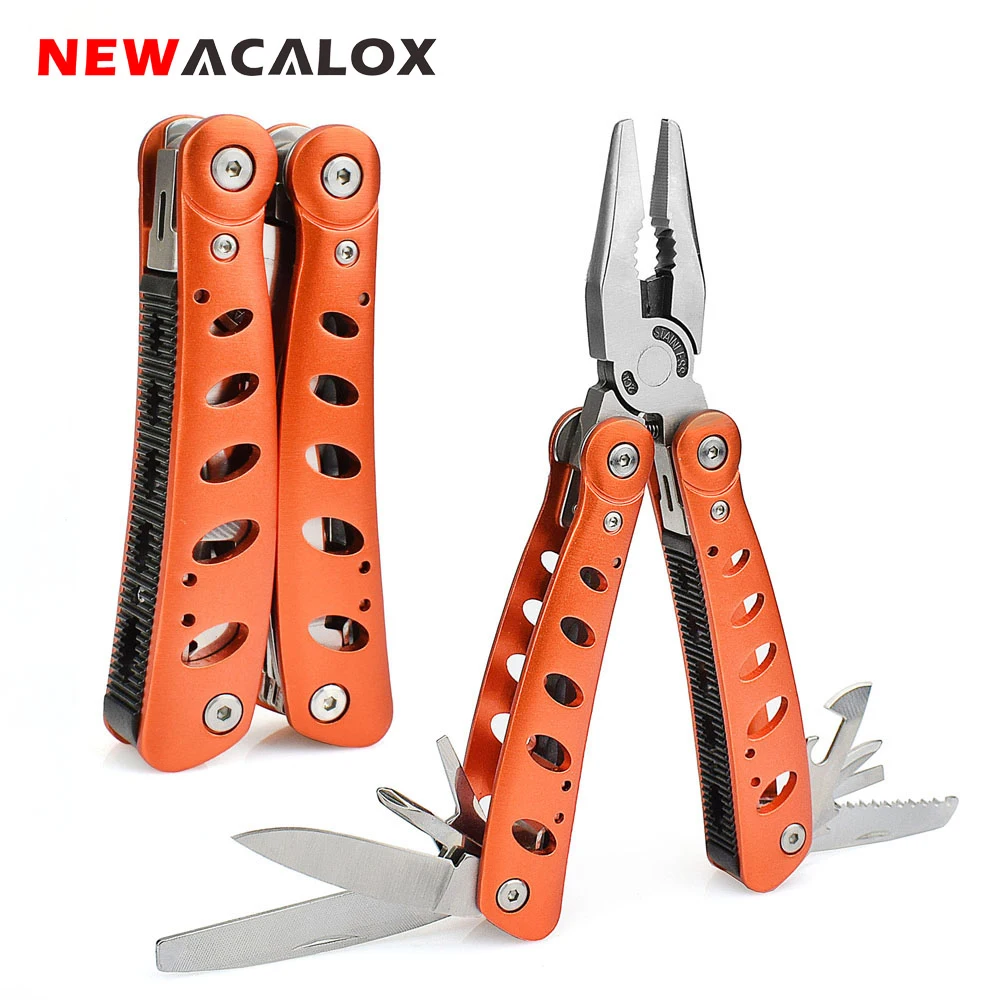 

NEWACALOX Outdoor Portable Multitool Folding Pliers Wire Stripper Wire Cutter Pliers Crimping for Camping with Knife Screwdriver