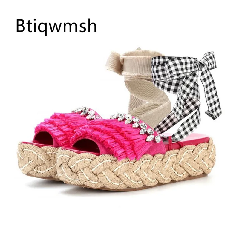 

2019 Rhinestone Platform Sandals Women Open Toe Crystal Ribbon Ankle Strap Thick Bottom Satin Slippers Woman Sexy Wedding Shoes