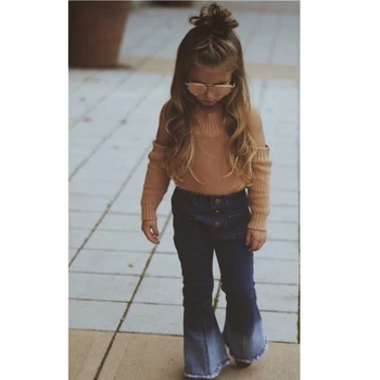 

Toddler Baby Girls Outfits Suits Kids Autumn Long Sleeve Off Shoulder Orange Knitted Tops Denim Wide Leg Pants Flare Trousers