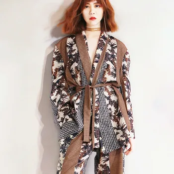 

TVVOVVIN Print Women's Suit Patchwork Lace Up V Neck Long Sleeves High Waist Women Two Piece Set 2019 Fashion Autumn New F376