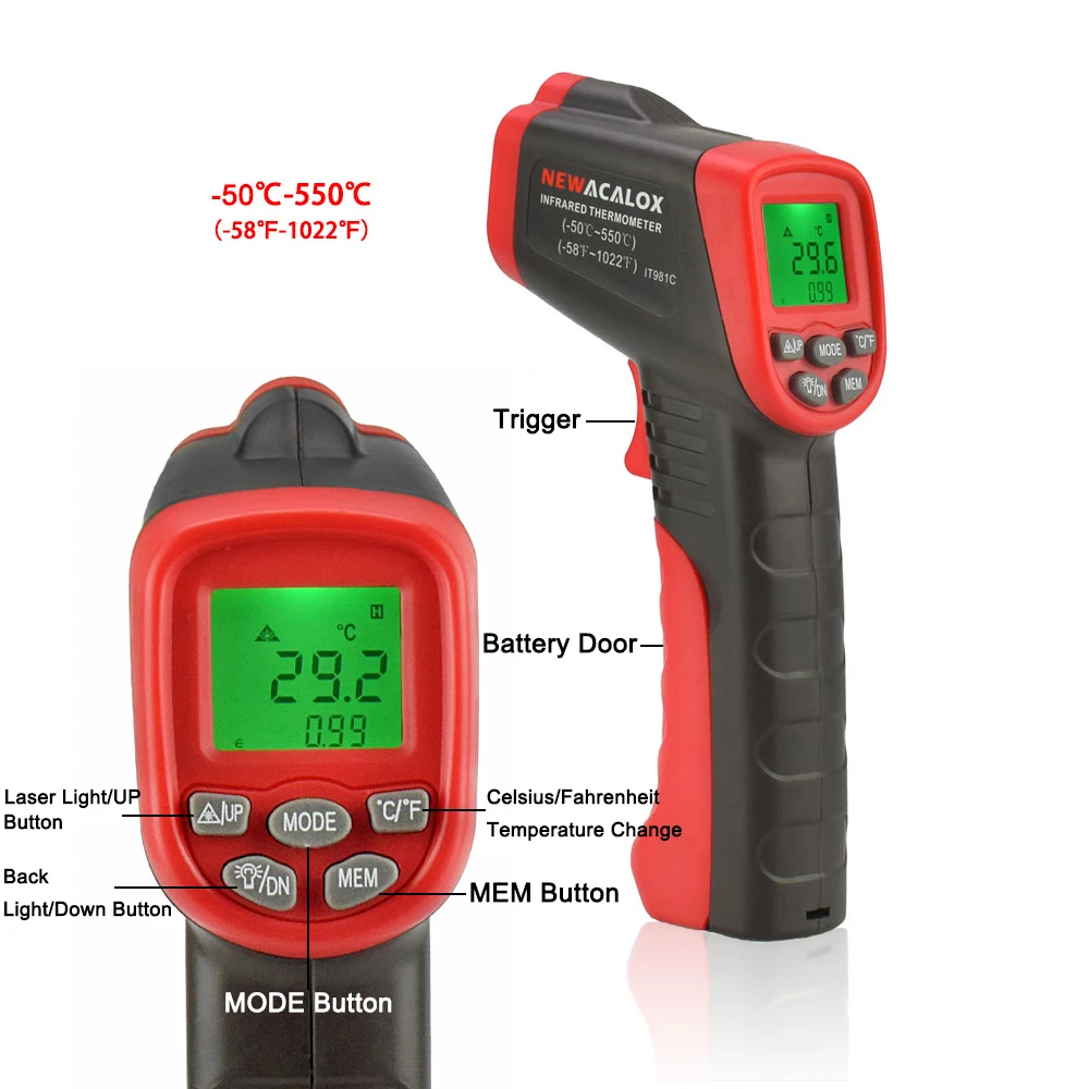 NEWACALOX-50~ 550 градусов Цельсия Инфракрасный термометр ЖК-цифровой ИК-лазерный прибор для измерения температуры для приготовления пищи/пивоварения/автомобиля