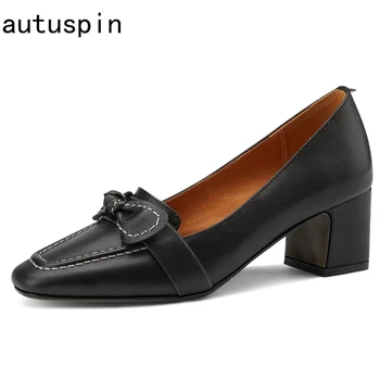 

autuspin Newest ladies Genuine Leather Casual Pumps 2020 Female Fashion Elegant Dress Shoes Party Wedding Thick Heels Woman