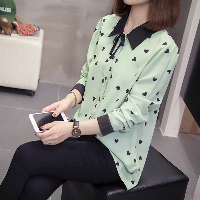 

Plus Size Heart Pattern Shirts Women 2020 Autumn Trendy Long Sleeve Bow Korean Ladies Blouses Oversized Loose Tops Camisas Mujer