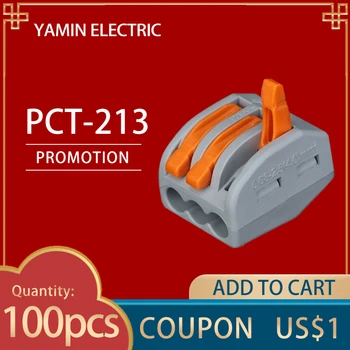 

PCT-213 (100pcs) Terminal Block 3 Pins Wire Connector Universal PCT213 Compact Wiring Conductor With Lever AWG 28-12