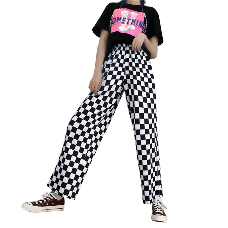 

Streetwear Plaid Women Pants Elastic Waist Full Length Checkered Black and White Casual Loose Straight Trousers