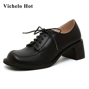 

Vichelo Hot autumn new arrival full grain leather round toe high heels butterfly-knot Korean pretty girls party women pumps L05