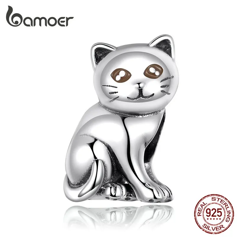 

bamoer Cute Baby Cat Metal Beads Charm for Women European Luxury Bracelet 925 Sterling Silver Fashion Jewelry SCC1305