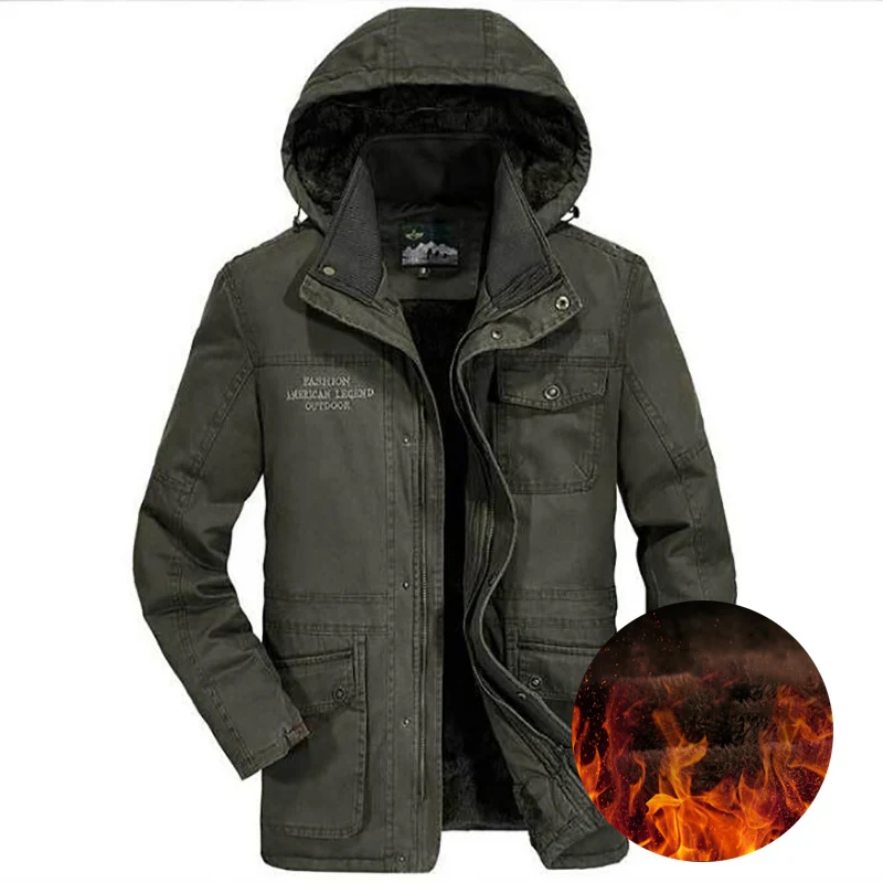 Army Green Зимняя мужская куртка размера плюс 7XL 8XL, верхняя одежда, шерстяная подкладка, хлопок, мужские парки, Военный стиль, много карманов, с капюшоном, ветровка, мужские парки - Цвет: Army Green