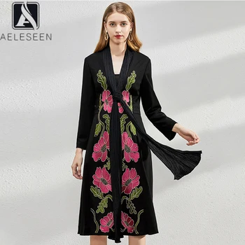 

AELESEEN Runway Fashion Black Trench 2020 Spring Elegant High Quality Bow Collar Flower Embroidery Long Loose Holiday Trench