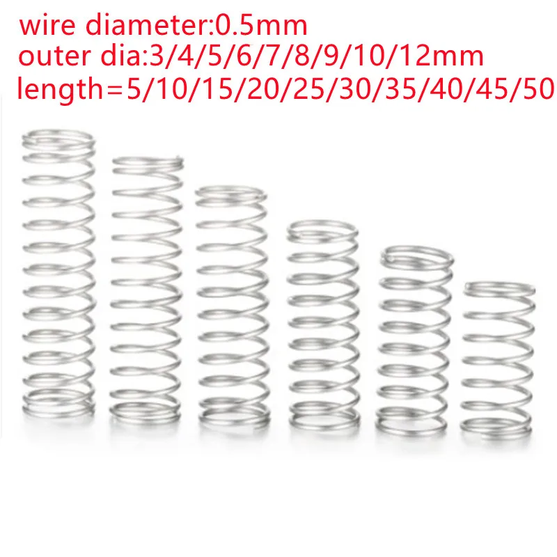 Stainless Steel Spring 0.5mm Stainless Steel Micro Small Compression Spring OD 3mm/4mm/5mm/6mm/7mm/8mm/9mm/10mm/12mm length 5mm to 50mm 10-20pcs/lot