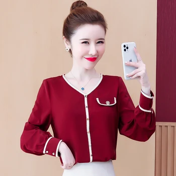 

COIGARSAM Chiffon blouse women New Spring blusas womens tops and blouses Wine Red Apricot 6816