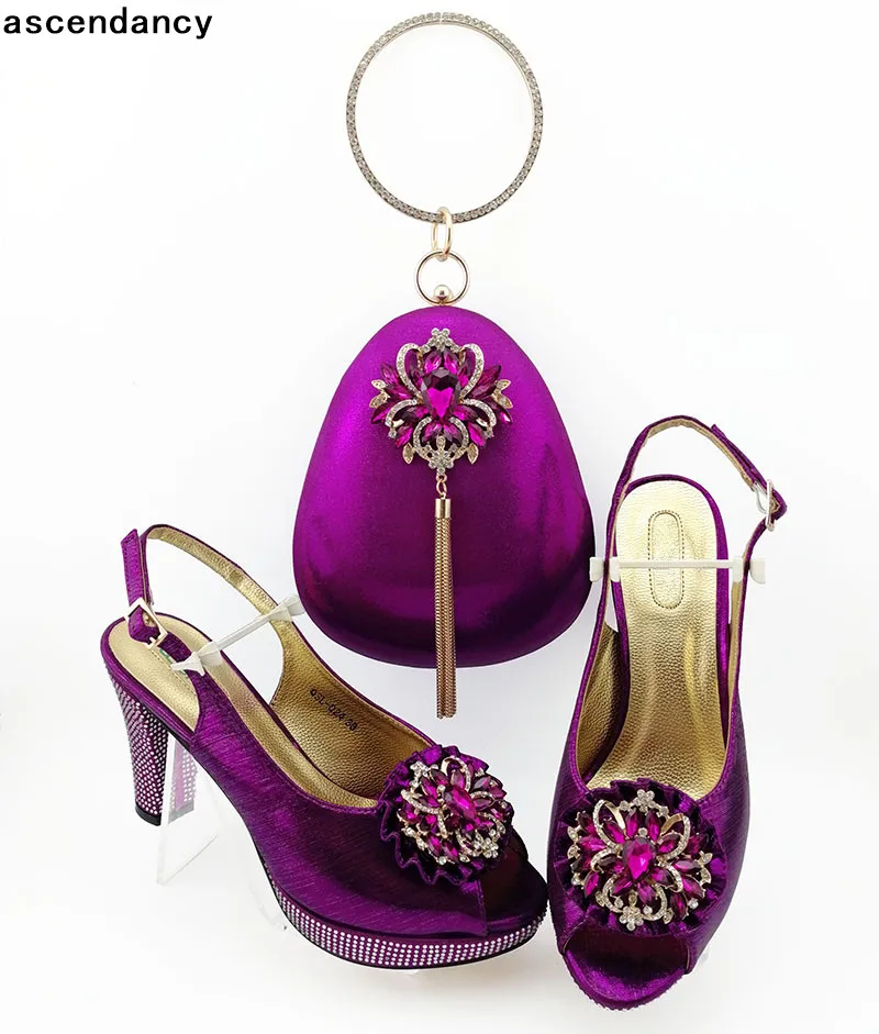 

New Arrival Rhinestone Wedding Shoes and Bag Set Decorated with Rhinestone African Design Ladies Shoes and Bag Set Party Pumps