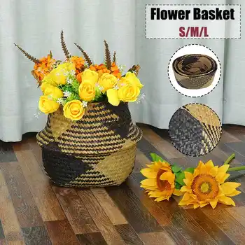 

S/M/L Seagrass Folding Handmade Storage Basket Decorative Rattan Plant Flower Pot Woven Wicker Belly Laundry Basket Home Decor