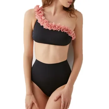 

2020 New One Shoulder Bikini Women Solid Swimwear White Black Bathing Suit Female Flower Swimsuit High Waist Bikinis Bather