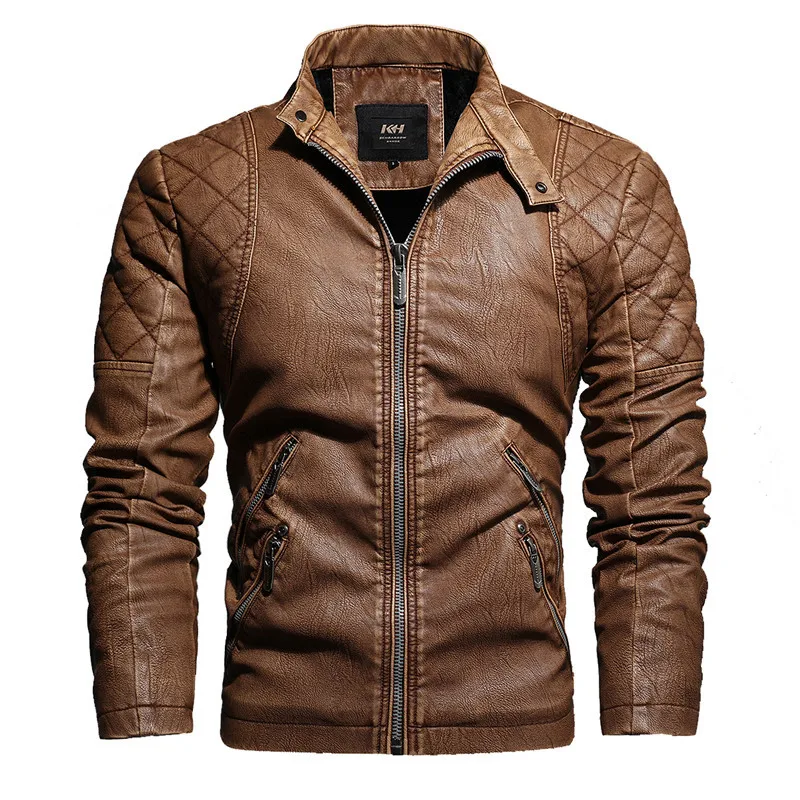 Модная мужская куртка из искусственной кожи, бархатная Толстая теплая зимняя кожаная байкерская куртка, байкерские кожаные куртки для мужчин, Chaqueta Moto Hombre - Цвет: Khaki