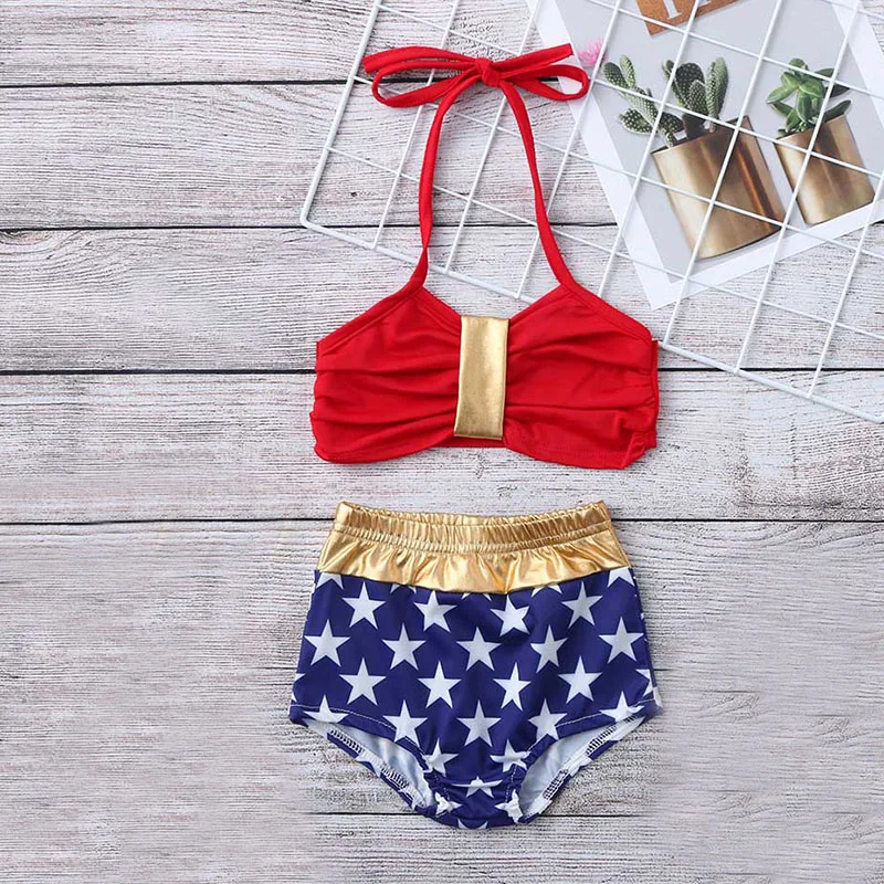 Американский маленький и средний Купальник для девочек из двух предметов с принтом в виде звезды, летний купальник для маленьких девочек, пляжная одежда