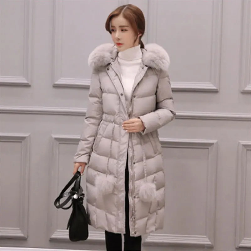 Длинное плотное тонкое пуховое пальто с капюшоном и воротником из лисьего меха, женское теплое пуховое пальто на молнии с длинным рукавом и шнуровкой, Модная элегантная одежда на зиму