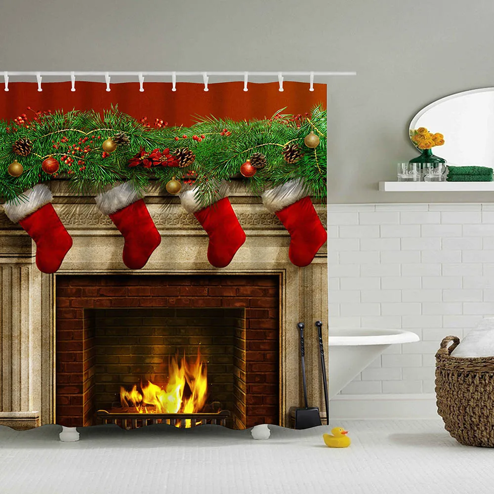 Cortinas navidad ba o Рождественский камин занавеска для душа зеленая Рождественская елка Рождественская занавеска для ванной комнаты красный носок douchegordijn 3D