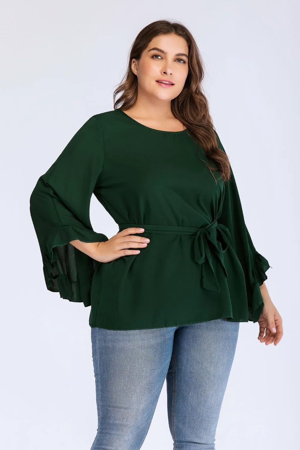 new autumn winter plus size tops for women long sleeve large cotton O neck casual loose T shirt belt green 4XL 5XL 6XL 7XL