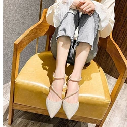 Thick-heeled Pointed High Heels Women's Summer 2021 One-line Buckle Mid-heel Matching Skirt Rhinestone Toe Cap Women Sandals
