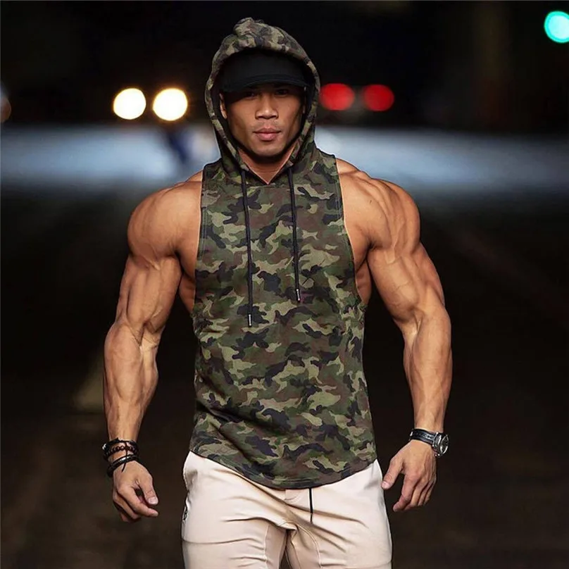 Muscle Mens Vest Gym Sports Sleeveless Hooded Vest Tank Tops Fitness Running Clothes Loose training Tops Vests &3s11 (7)