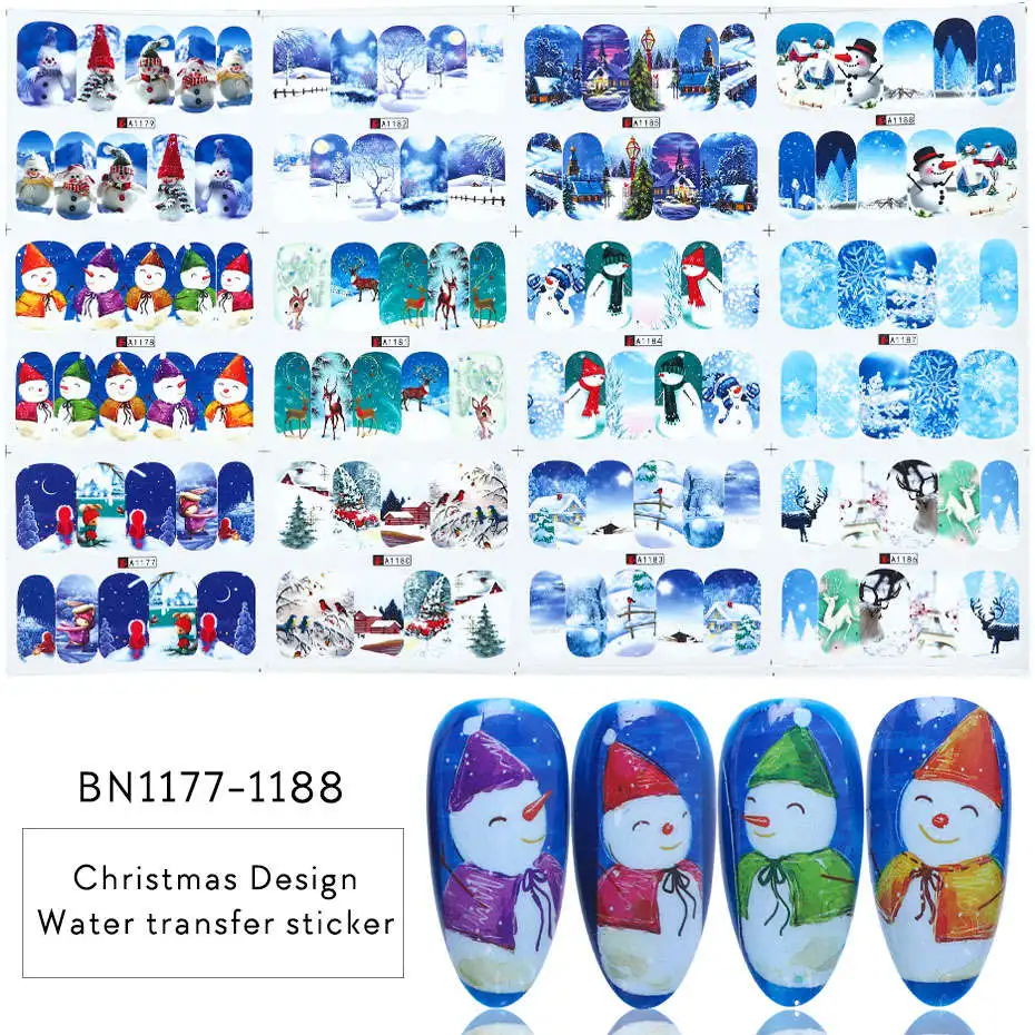 12 видов конструкций Санта снежный цветок наклейки для ногтей водные рождественские Полный Обертывания слайдер для маникюра DIY татуировки украшения LYBN/A-1 - Цвет: BN1177-1188