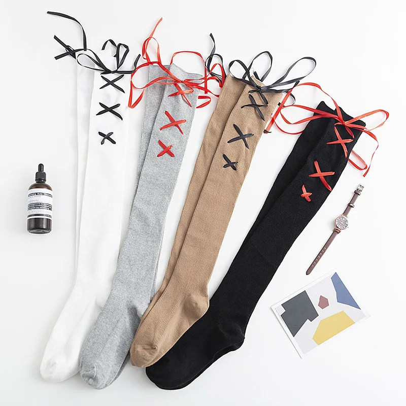 

Adult bow side lace up stockings individual over the knee solid color cotton socks black and white female socks