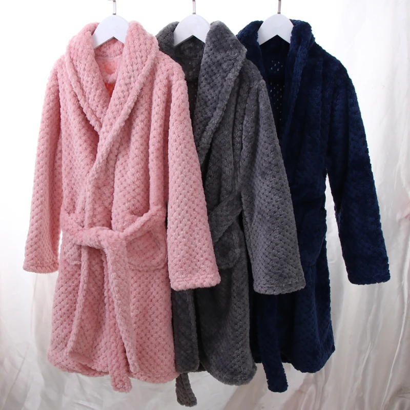 

Fashion 2019 Kids Bath Robes Winter Children's Bathrobe Solid Color Flannel Bathgrowns for Big Boys Girls Soft Belt Pyjamas Warm
