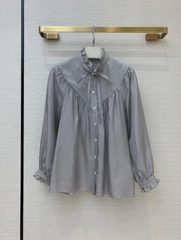 

Luxury Brand 100% Silk Tops Blouse 2020 Autumn Women Simple Striped Stand Collar Wide Loose Casual Long Sleeve Shirt Blouses New
