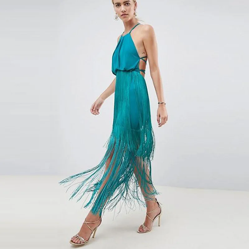 BGW Blue Halter Sleeveless Open Back Sexy Jersey Cocktail Dress With Tassel Sukienka Koktailowa