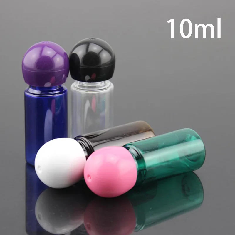 

Free Shipping 10ml Plastic Water Bottles Refillable Small Inner Plug Ball Cap Cosmetic Container Essential Oil Perfume Packaging